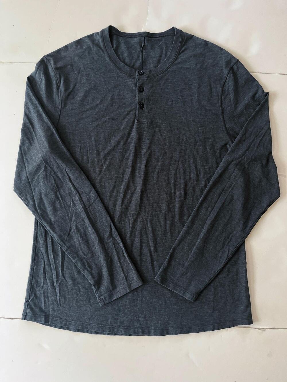 Lululemon 5 Year Basic Henley T-Shirt Men M Heathered Black Long Sleeve Stretch